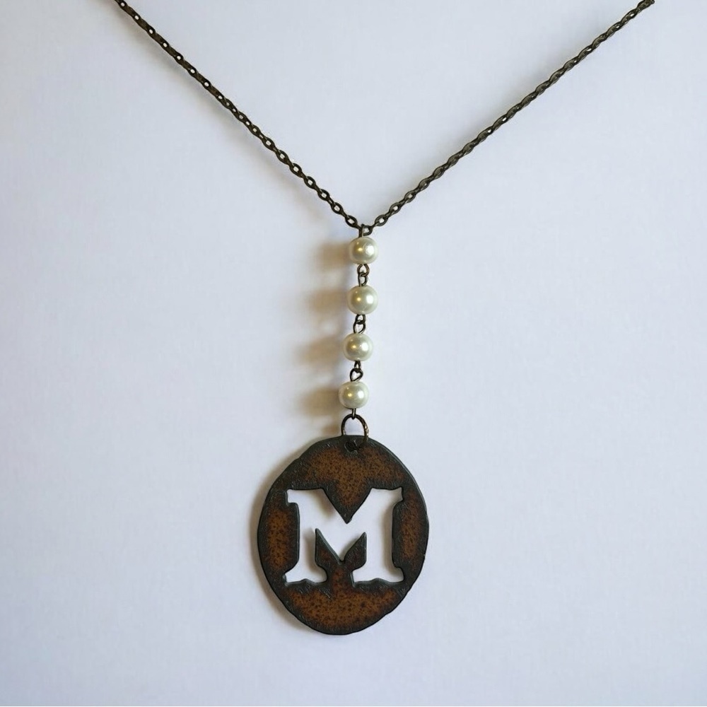 Rustic Monogram M Lariat Necklace with Faux Pearls Long Chain Vintage Necklace